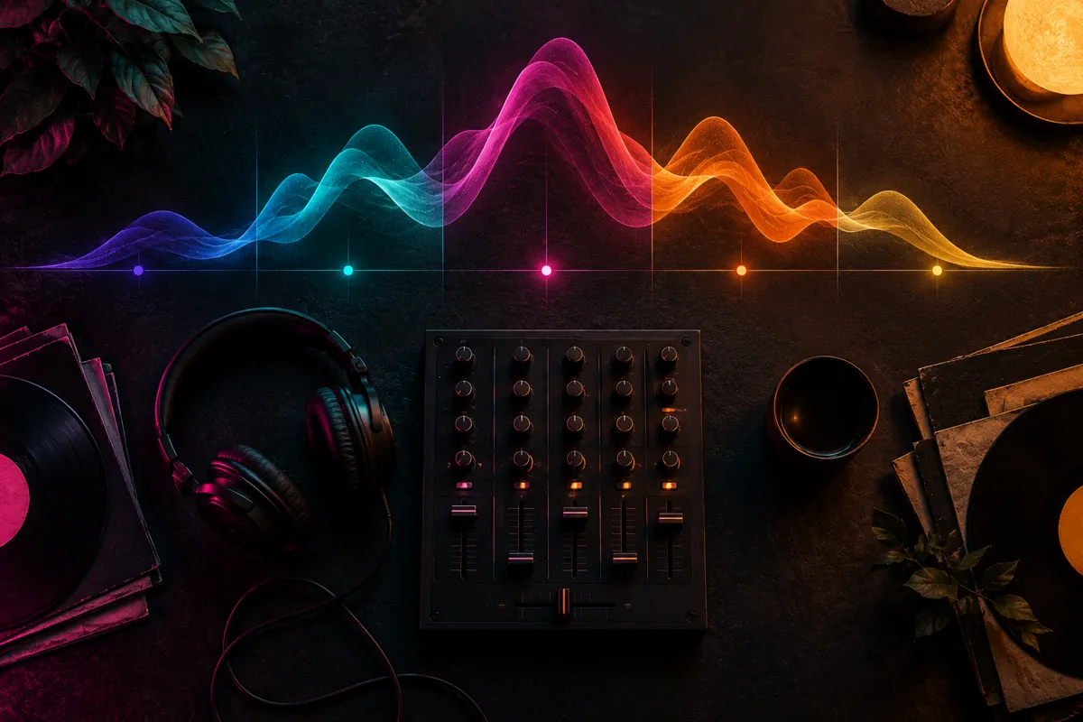 Planning a bass DJ set: an illustrated mixer beneath a colourful musical energy curve