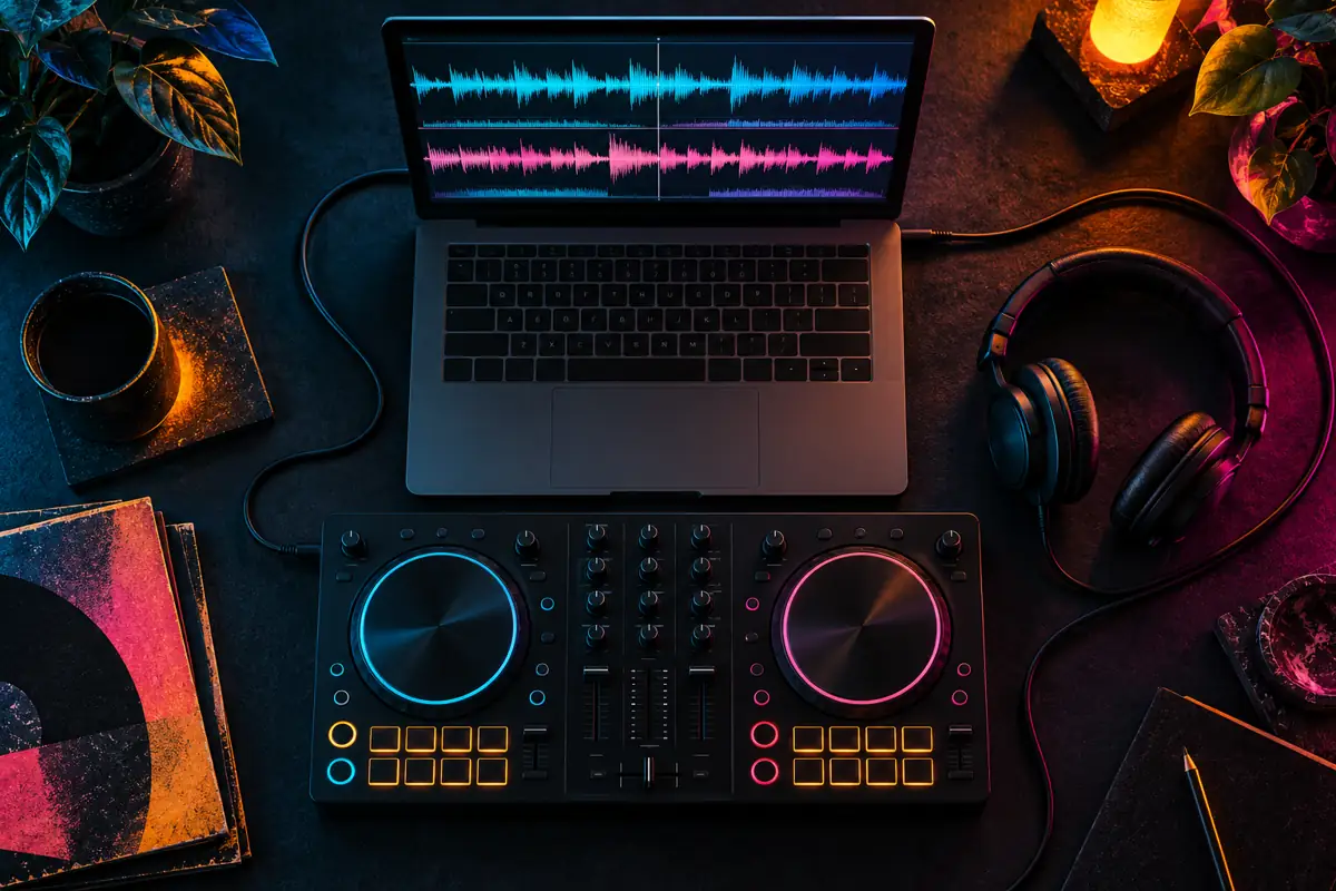 Choosing DJ software: an illustrated laptop, controller and headphones connected on a studio desk