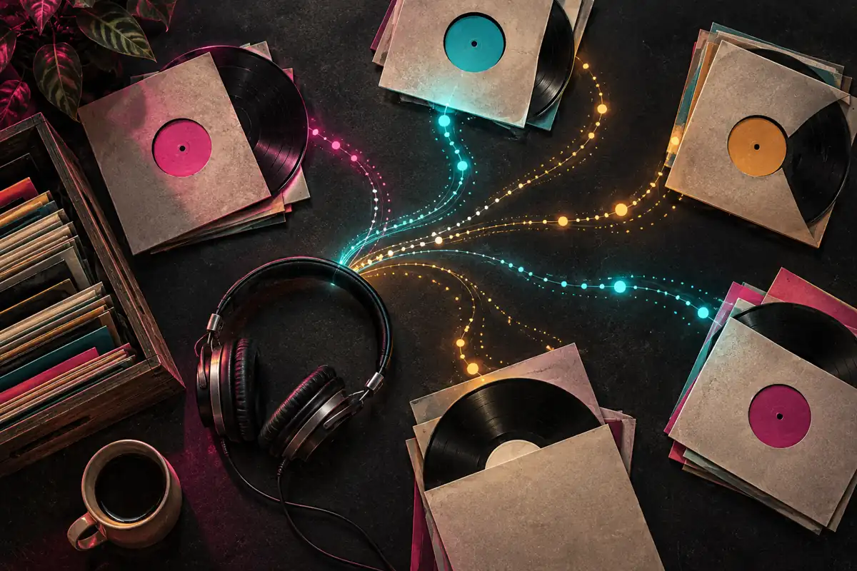 Discovering music for DJ sets: illustrated records connected by colourful paths around headphones