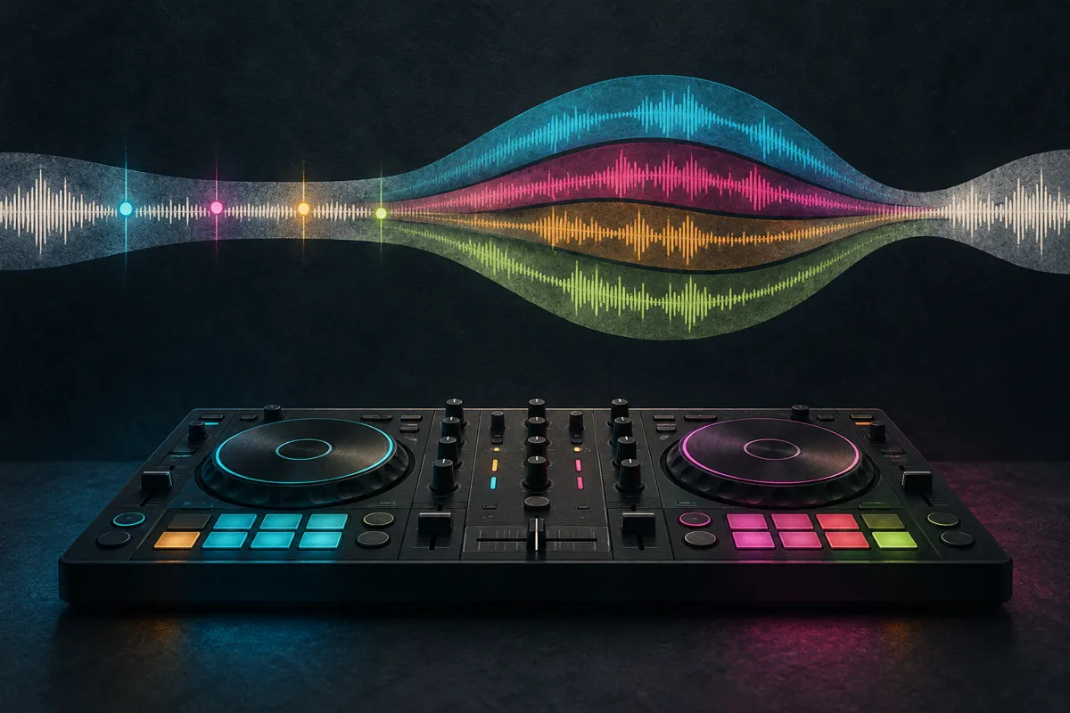 DJ Nimi's Traktor workflow: an original illustration of cue markers, separated music layers and a DJ controller