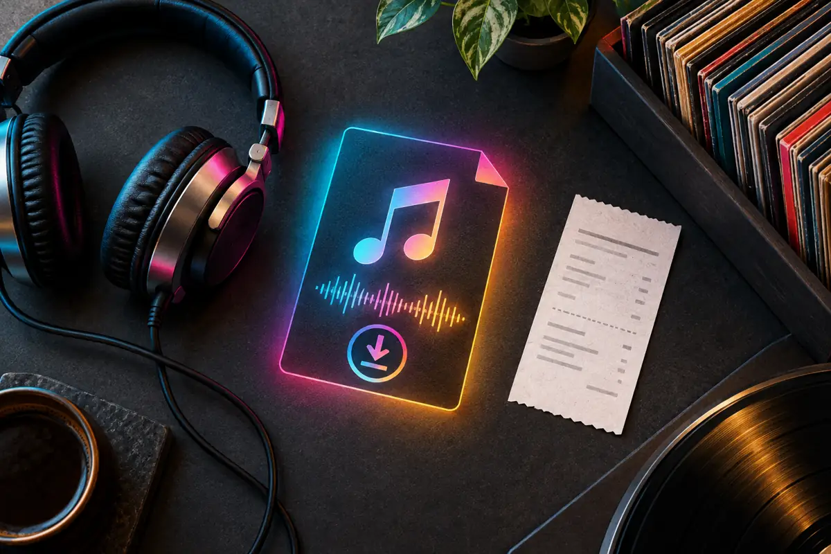 Legal DJ music downloads: an illustrated music file, receipt and headphones on a dark desk