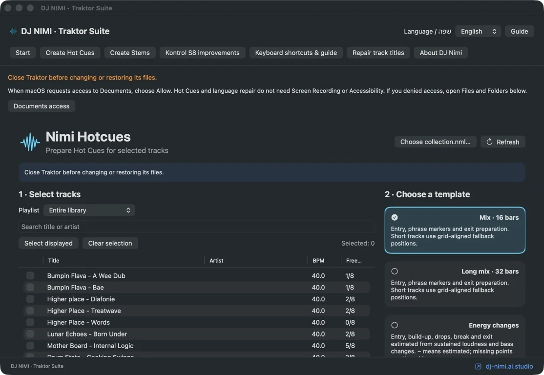 DJ NIMI Traktor Suite Hot Cues screen with track selection and cue placement templates