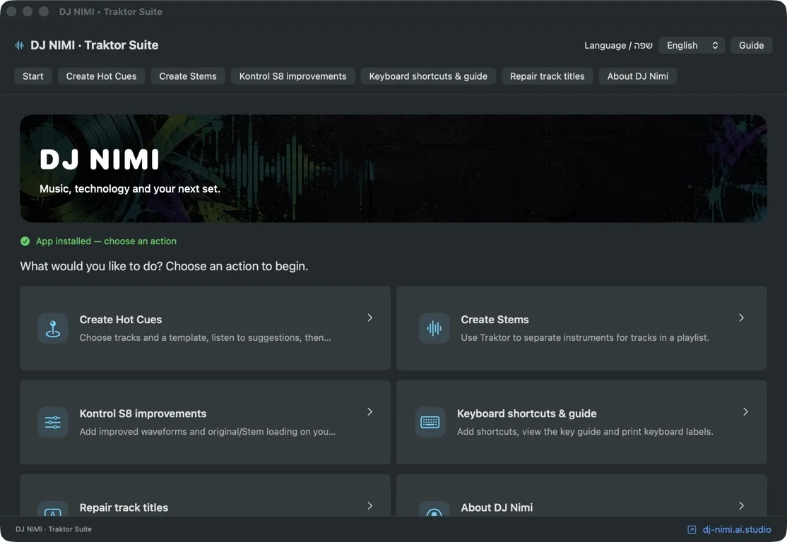 DJ NIMI Traktor Suite start screen in English, showing Hot Cues, Stems, S8 and keyboard preparation tools