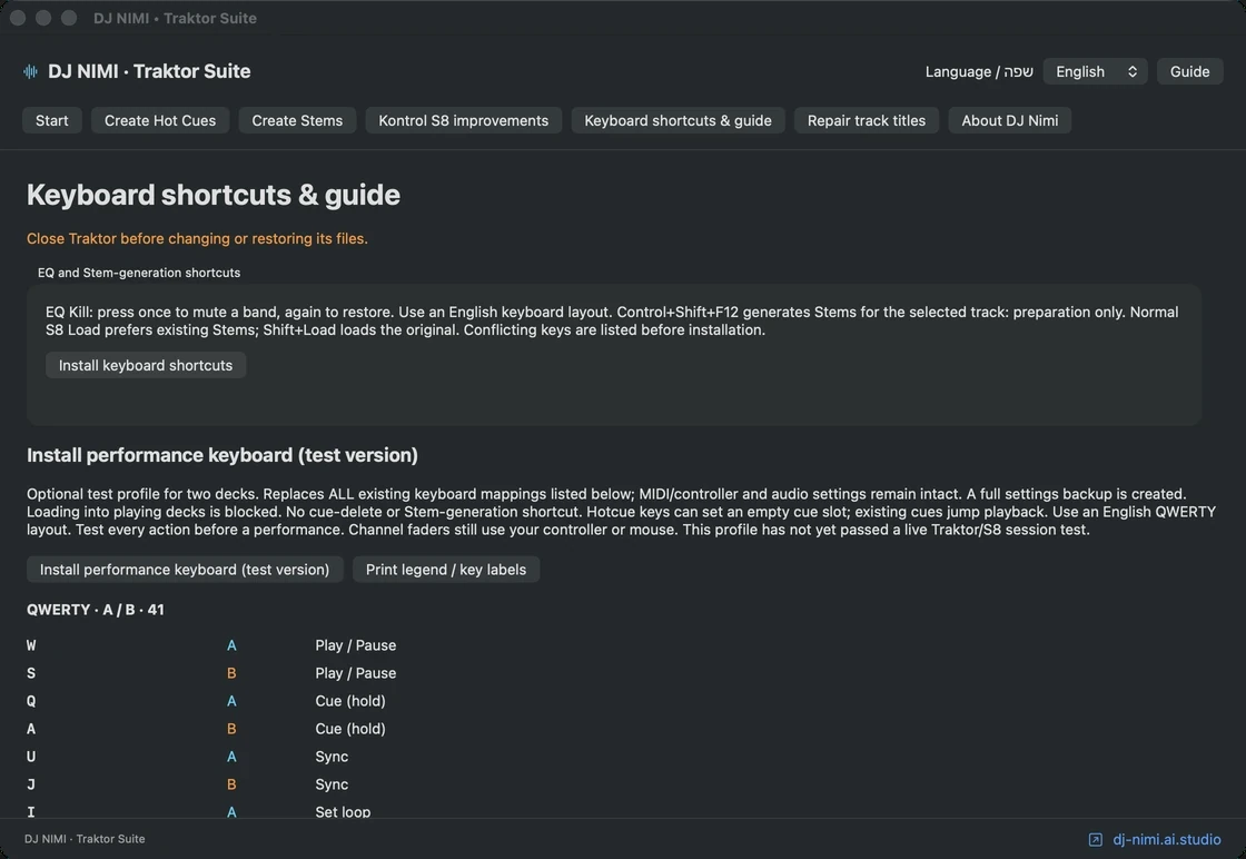 Keyboard shortcuts and key guide screen — DJ NIMI Traktor Suite