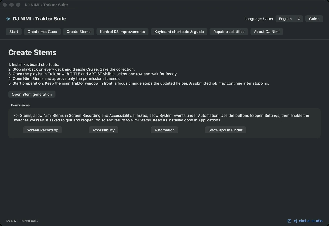Stems preparation and permissions screen — DJ NIMI Traktor Suite