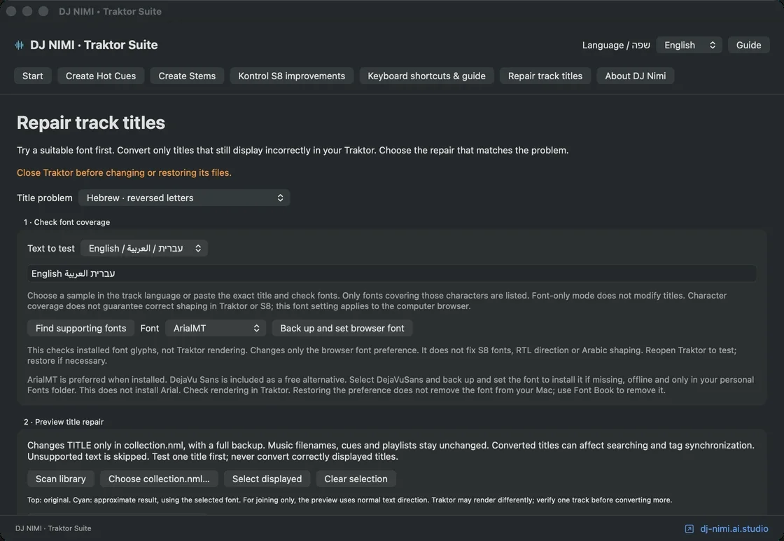 Track-title repair and Hebrew/Arabic font selection screen — DJ NIMI Traktor Suite